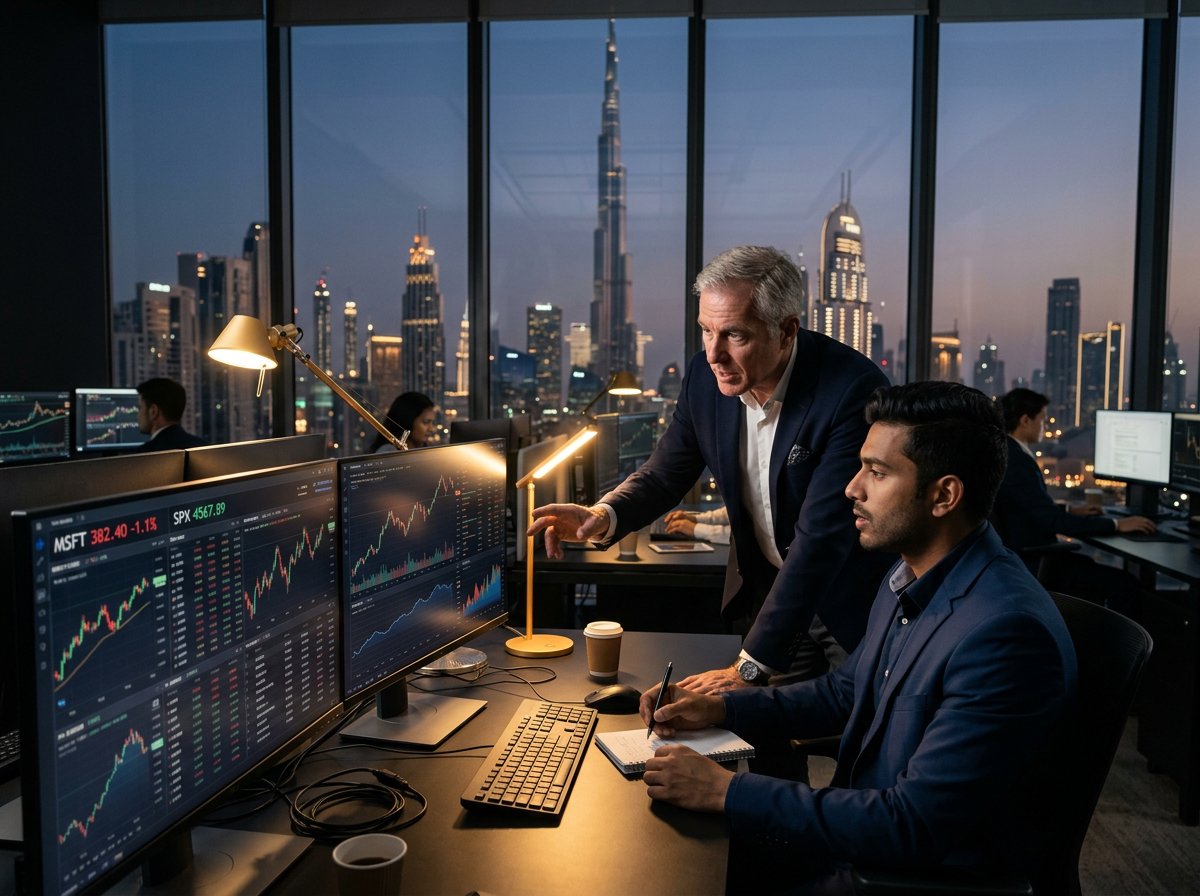 Senior trader mentoring a developing trader at a multi-monitor desk with the Dubai skyline behind